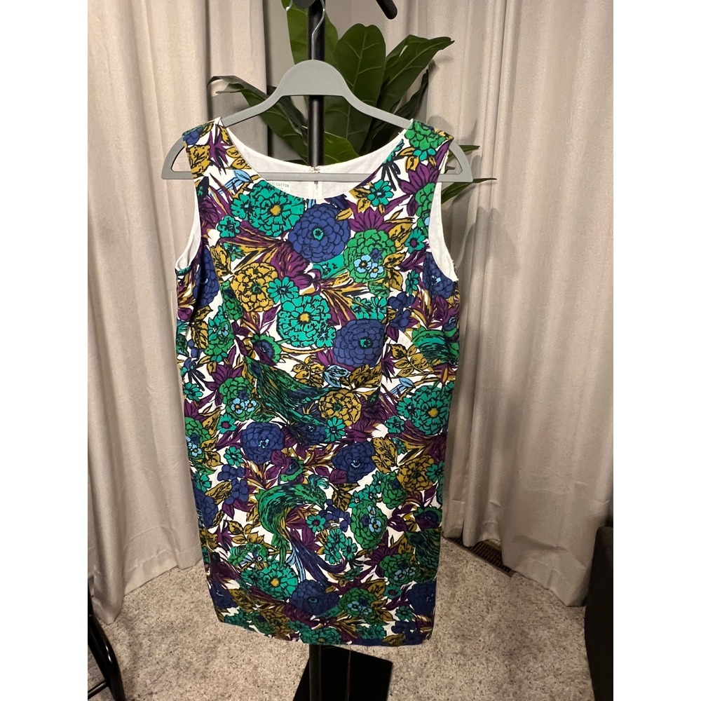 Vintage 60s Mod Floral Peacock Print Cotton Shift Dress Green Purple Sleeveless